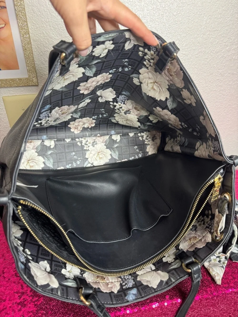 STEVE MADDEN 🪷 Pebbled Black Leather Large Laptop Tote, Floral Scarf Accent